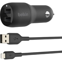 Belkin BoostCharge Dual USB-A Car Charger 24W  Lightning to USB-A Cable(1M) - Black(CCD001bt1MBK)2xUSB-A(12W)Dual Port Fast  Compact Charger2YR