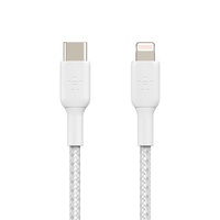 Belkin BoostCharge Braided Lightning to USB-C Cable (2m/6.6ft) - White (CAA004bt2MWH), 30W, 480Mbps, Apple iPhone / iPad / Macbook, 2YR