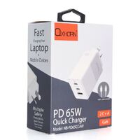 Oxhorn 65W GaN Type C fast Charger 3 Port 2xUSB-C 1xUSB-A PD3.0 QC4.0 PPS AUS Approved C-tick White with cable