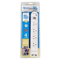 Sansai 4 Way Basic Powerboard USB Ax2 4 Outlets Master Switch Surge and overload protection1M Length