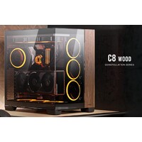 Antec C8 Wood E-ATX ATX Seamless Edge View Front and Side USB-C 4mm Tempered Glass 360mm liquid cooler top bottom side. 2x USB 3.0 Black Case.
