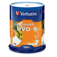 Verbatim DVD-R 4.7GB 100Pk White InkJet 16x Compatible for Full-Surface Edge-to-Edge Printing Superior ink absorption on high-resolution 5760 DPI