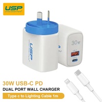 USP 30W Dual Ports (USB-C PD  USB-A QC3.0) Fast Wall Charger  Lightning Cable (1M) -Safe ChargeCompactTravel ReadyCharge 2 Devices Simultaneously