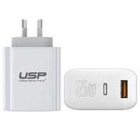 USP 65W Dual Ports (USB-C  USB-A) PD GaN Wall Charger White - PPS Technology IntelligentTravel ReadyCharge 2 Devices SimultaneouslyLaptop Charger