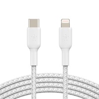 Belkin BoostCharge Braided Lightning to USB-C Cable (2m/6.6ft) - White (CAA004bt2MWH), 30W, 480Mbps, Apple iPhone / iPad / Macbook, 2YR