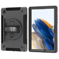 Pisen Rugged Samsung Galaxy Tab A8 (10.5 inch) Case Black - Built-in-Kickstand Adjustable Hand Strap Shoulder Strap Pen Holder DropProof ShockProof