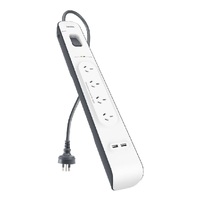 Belkin BSV401 4-Outlet 2-Meter Surge Protection Strip with two 2.4 amp USB charging ports, Complete Three-line AC protection, CEW $20,000,2YR